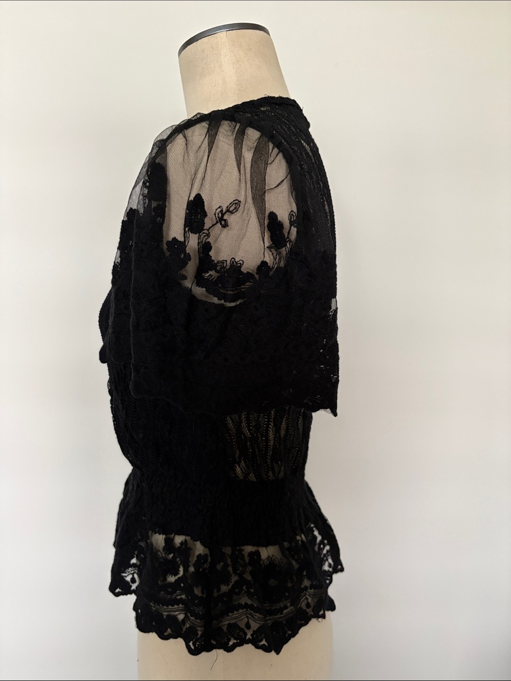 Women's Black Lace Short Sleeve Top with Sheer Back and Sleeves - Picture 4 of 10